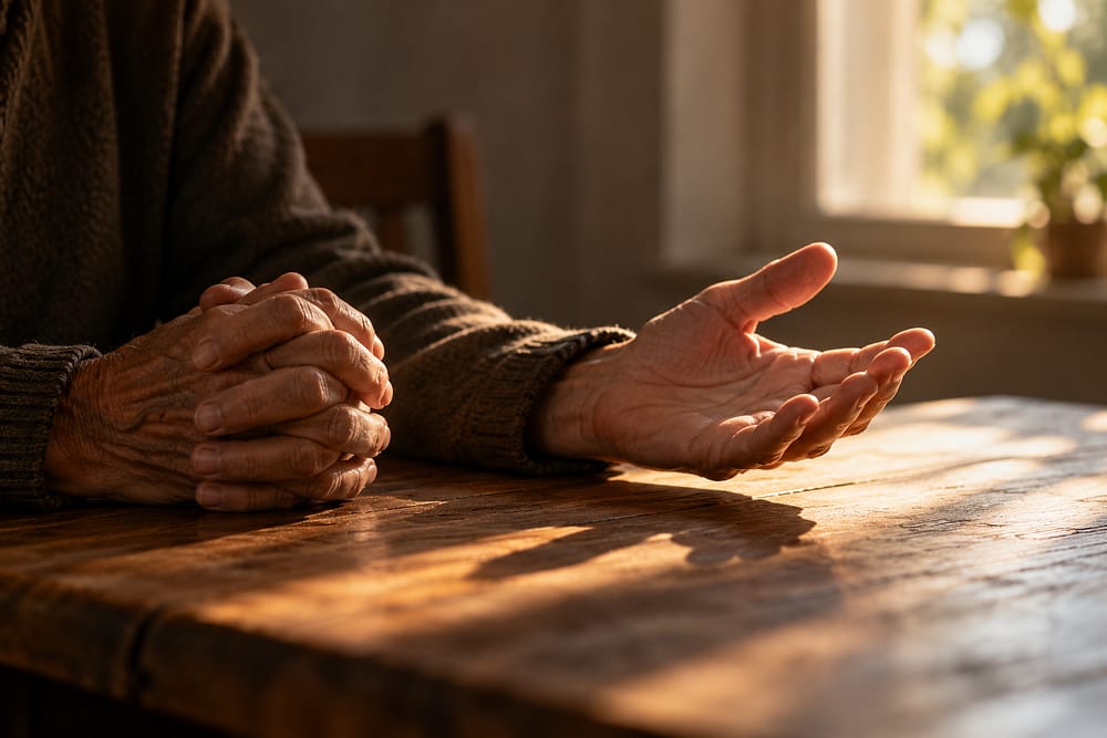An elderly person's hands rest on a wooden table, one gently folded and the other open in warm natural light.