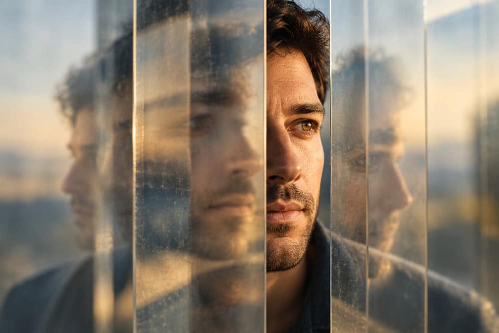 Close-up of a person's face behind overlapping translucent glass panels, with one eye clearly visible and the rest softly blurred.