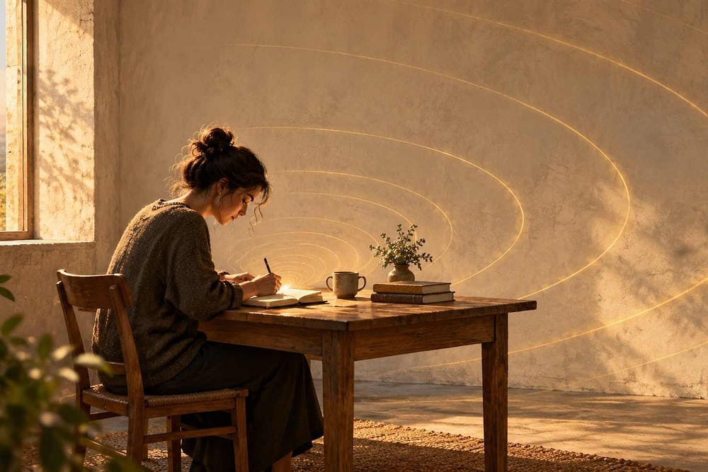 A person quietly working at a wooden table as soft golden patterns spread outward across the surrounding space.