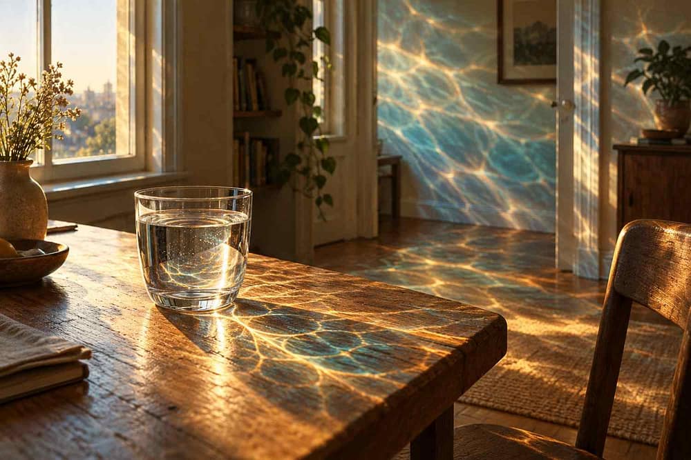 A glass of water on a sunlit wooden table, with shimmering blue and golden reflections spreading across the room.