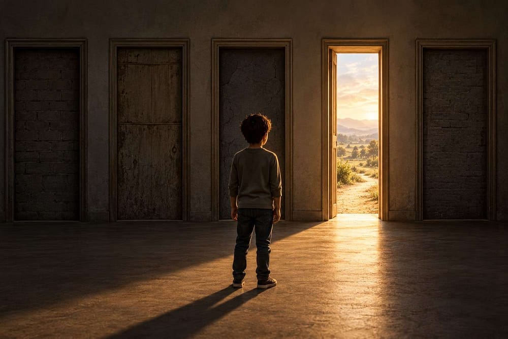 A child stands in a dark room facing several closed doorways and one open door leading to a sunlit landscape.