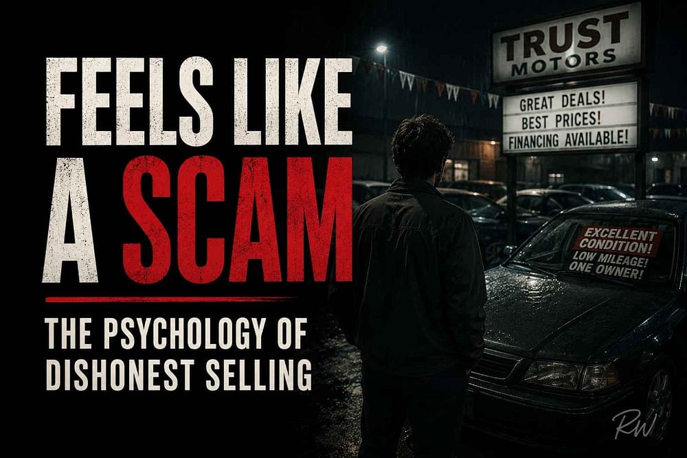 “A customer examines a used car at a dealership at night, with signs advertising great deals and a headline highlighting dishonest selling practices.”