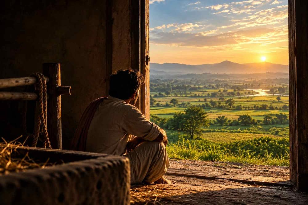 A farmer sits in the doorway of a dark barn, looking across green fields towards distant mountains at sunset.