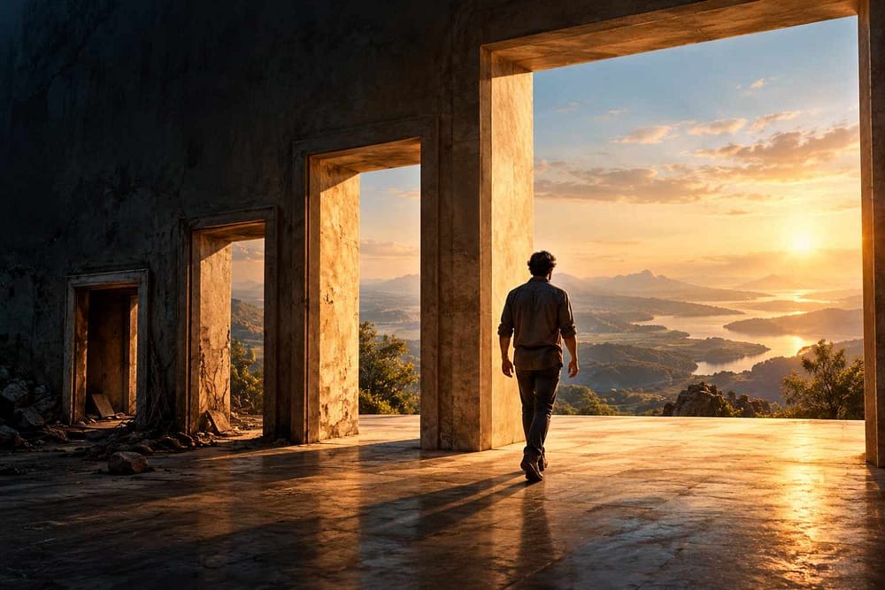 A lone traveler walks through a series of open doorways toward a sunlit horizon, symbolizing how purpose leads to personal growth, new possibilities, and letting go of old beliefs.